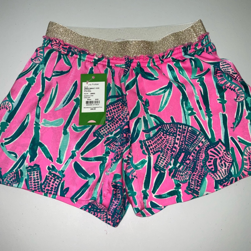 Lilly Pulitzer Pink and Green Patterned Shorts with Gold Waistband